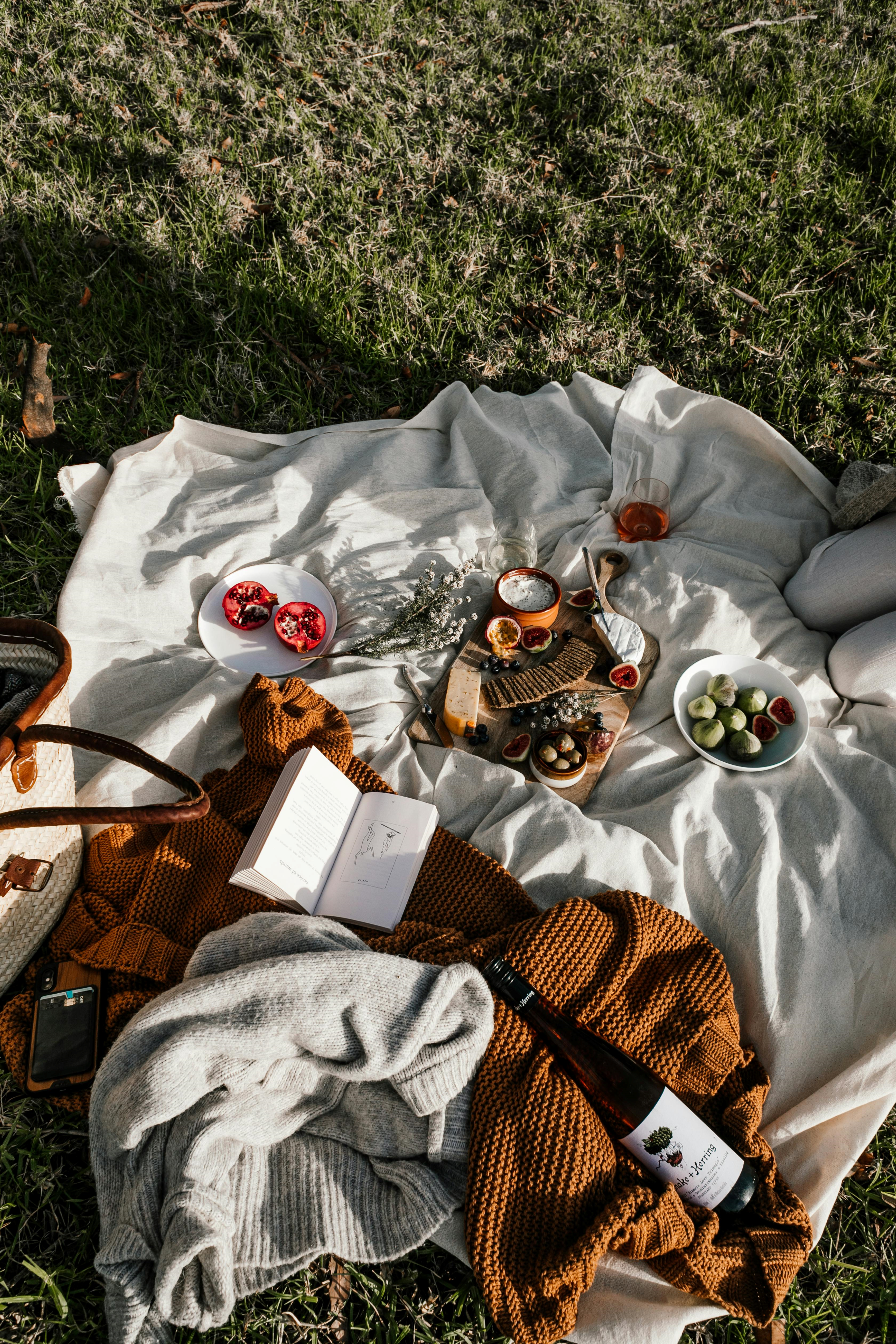 Grab your picnic blanket - Book, sweater, flowers, and other items laying on a picnic blanket.