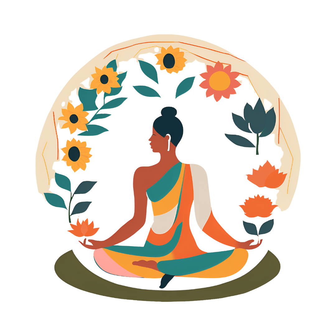 morning meditation - Graphic of a woman meditating in lotus position surrounded by flowers.